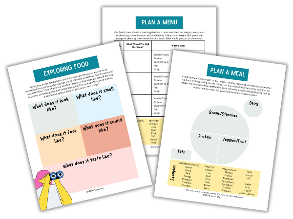 Example page from the Picky Eating and Food Refusal Worksheet Bundle helping kids explore food feelings and self-regulation.