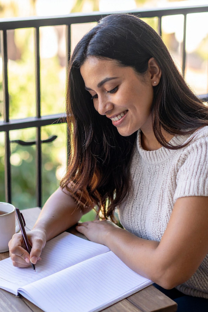 Parent reflecting after reading Non-Diet HAES Parenting Tips eBook at home to support child’s body image and healthy habits.